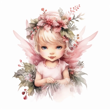 Cute Christmas fairy baby girl watercolor clipart, isolated on white background, watercolor, high detail, unique, intricate detail, hand - painted q 2 v 5. 1
