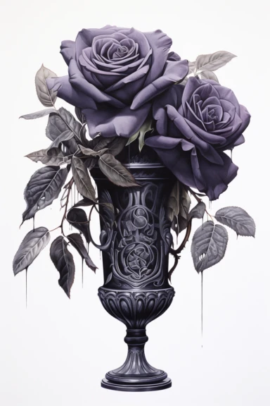 A highly detailed watercolor and pencil drawing of a clipart of black Rose in a vase gracefully showcased on a isolated white background,, The flower is meticulously rendered, capturing the intricate details of its petals, stamen, and sepals. The combination of watercolor and pencil techniques adds depth and dimension to the drawing, with the watercolor providing soft washes of color and the pencil adding fine lines and delicate shading. The drawing highlights the flower's elegant structure,emph