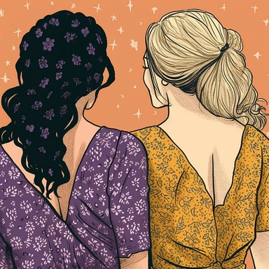 clipart of adult bestfriends, friends forever, back facing, wearing glitter dress, fashionable glam, closeup