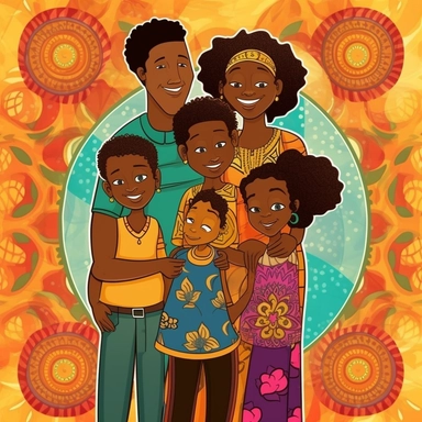 Dive into a world of color and happiness with this vibrant clipart featuring a delightful black family. This illustration captures the essence of love, togetherness, and cultural as it portrays a beautiful family unit. The man, exuding strength and charm, stands tall next to the woman, radiating grace and confidence. Their children, filled with joy and curiosity, complete this picture of warmth and unity. Adorned in a myriad of eye-catching colors, representing the rich tapestry of their heritag