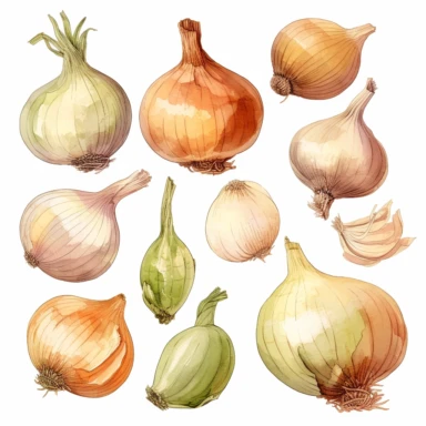 semi photorealistic outlined watercolor illustration, clipart elements, collection [onions vegetable] cozy elements, detailed, pastels, beige, spaced, isolated white background