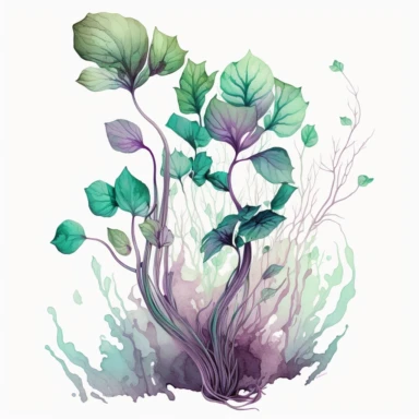 green with purple water plants, light watercolor clipart, isolated on white background, James Jean and Peter Mohrbacher, no text, no captions