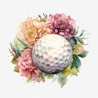 golf ball with flowers in backgroud, watercolor clipart sublimation png, white background