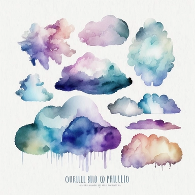 clouds, ombre, watercolor,all white background, clipart