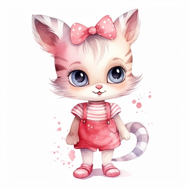 Cute cartoon baby cat girl with big eyes in beautiful pink pastel summer clothes, clipart, hand painting watercolor, watercolor paper textute , white background
