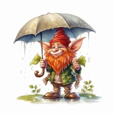 Cute Adorable magical little Goblin with a cylinder hat and a red beard holds laterally a umbrella in his hand wears a raincape and stand in the rain on a country road, clipart, photorealistic illustration, watercolor, high detail, 8k polished, 8k, vibrant colors, white background