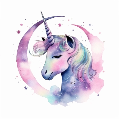 cartoon Unicorn Silhouette with a Crescent Moon Background, Big Eyes, cartoon, watercolor, professional clipart, white background, neat, clean