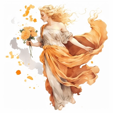 Ancient Roman Mythologic Style Beautiful Blonde Goddess smelling flowers on the clouds with watercolor effect,Saffron coloured cloak,ancient roman fashion,ancient scene,suitable for digital clipart,white background,Unrealistic Effect