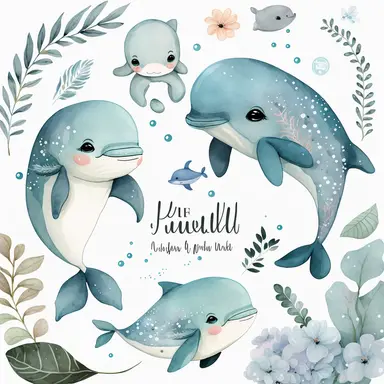 Cute Baby Dolphin Watercolor Clipart Set Kawaii Dolphin Adorable Baby Fish