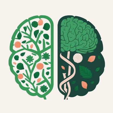 top down view of the left half of a brain in a clip art style made of flowers on the right side of the brain show a green awareness style ribbon