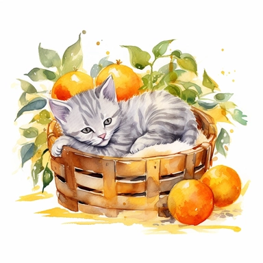 Watercolor american shorthair kitten peacfully sleeping in a laundry basket clipart, american shorthair breed, surrounded by oranges and orange leaf and branches, couple of oranges, high detail oranges, high quality drawing, high quality, body visible, summer colors, hairs are visible, variety of kitten type, summer day theme, valentines day theme, full body kitten, crawling in basket, peacefull fealing, childlike innocence and charm, peacefully sleeping cat, shy kitten, Oh my god its so cute, I
