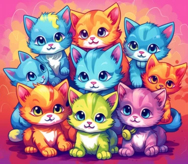 Cute Baby Kittens cartoon clipart, Colorful Cats, lisa frank style, colorful background
