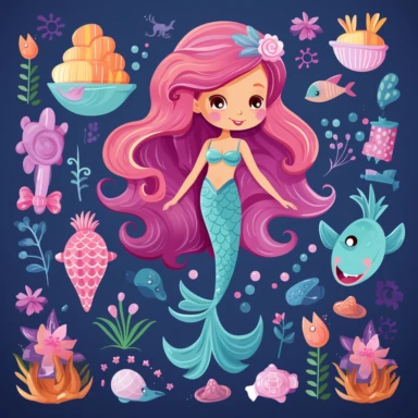 clip art elements, mermaid birthday, fun, illustration