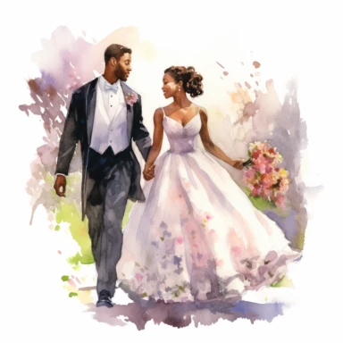 African-American bride and Caucasian groom, sharing a loving gaze while strolling through a blooming garden, watercolor, Pixar style, Clipart on a white background.