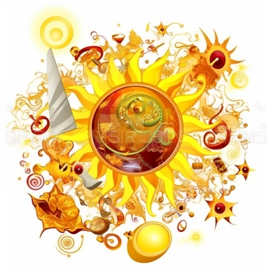 clipart, abstract illustration of the sun with a range of objects, colors, and attributes, white background, highly detailed