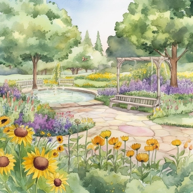 Create a charming watercolor clipart illustration of a public garden display featuring lavender, wildflowers, and sunflowers, with rustic scenes of trees and streams in the background. The focus is on the natural beauty and tranquility of the garden, inviting viewers to immerse themselves in its serene atmosphere. Begin by sketching the outline of the garden, including paths, flower beds, and seating areas. Place the lavender, wildflowers, and sunflowers strategically throughout the garden, payi