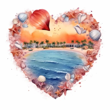 Orange beach heart shape, illustration clipart, detailed, black outline, white background, digital art, watercolor