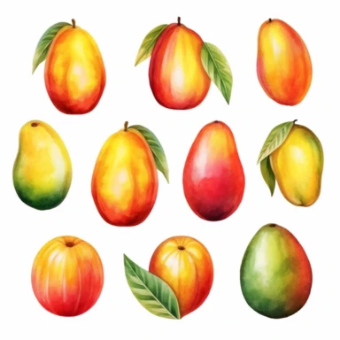 Draw a set of playful and colorful, watercolor style illustrations of mangos, evenly space elements for clipart, white background