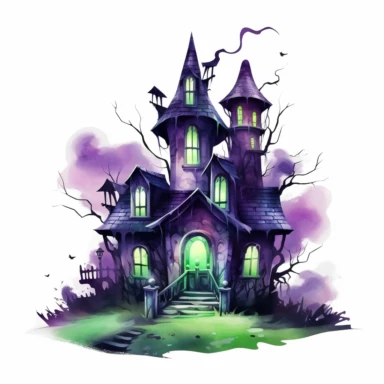 watercolor style, spooky halloween haunted house graveyard in front clipart, haunted house decorated in creepy Halloween style decor jack o lanterns, whimsical Halloween witch house, isolated on white background, 4K, creepy, green and purple color scheme