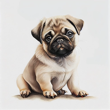 Cute Pug dog portrait, full face, centered shot, side shot, dynamically posed, in action, playful mood, happy mood, playing mood, cute face, adorable smile, childlike eyes, clean watercolor illustration, white background, nursery baby imagery, painting, detailed, 8k, PNG, clipart,