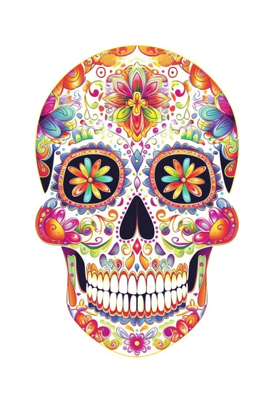 colourful sugar skull, clip art, symmetrical pattern, cinco de mayo, 32k ultra HD, svg, centered, white background, high definition graphic for T-shirt design