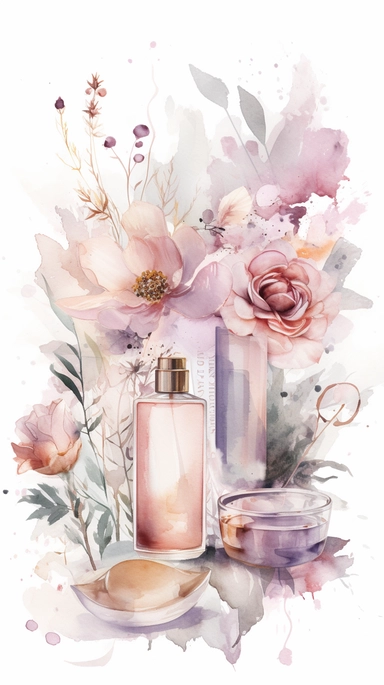 dreamy pastel watercolor illustration. clipart. luxurious cosmetic products randomly placed on white backdrop with flowers and roots