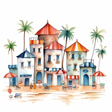 Very cute little houses, whimsical, beach scenery, bohemian style, blue sea and sand, boho style, sun beds, umbrellas, colorful stripes, palm trees, sea shore, 9 High Clipart, cute design in Michael Powell style, Watercolor Art, white background