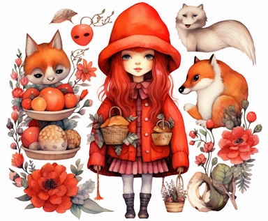 red riding hood clipart, vector art, clip art, clipart, in the style of claudia tremblay, birds & flowers, kawaii manga, realistic watercolors, dark white and light orange, eleanor fortescue-brickdale, isolated figures