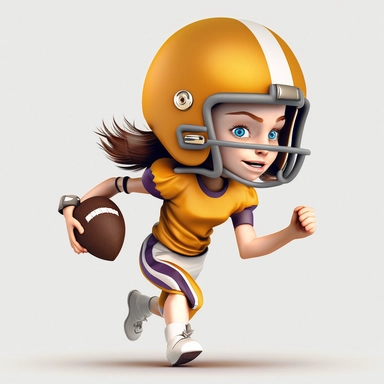 cute young girl playing american football, making a pass, passing, wearing a helmet, full body, smiling, american football, Sport graphics, action clipart, 16k, isolated on white background, 3d, rendered by pixar