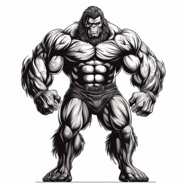 A human like angry body builder gorilla full body, black n white clip art illustration vector