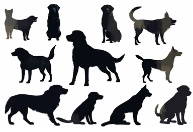 black dog silhouettes cliparts on white background, in the style of françoise basset, mary beale, animated gifs, petcore, boris kustodiev