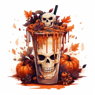 latte macchiato halloween themed, highly detailed color ink illustration, autumn season details, white background clipart 8k