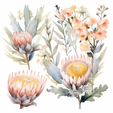 Australian native flower banksia arrangments watercolor premade border, white simple background, no grass or green ground in the scene, no sky, pale watery color, hand painted original, pastel colors, Watercolor Flowers Clipart, airy dreamy pale color, modern minimal v 4