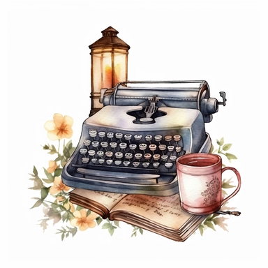 Typewriter Lantern Book Coffee Watercolor Sublimation Clipart, Clipart, white background, no watermark, no text, no word,