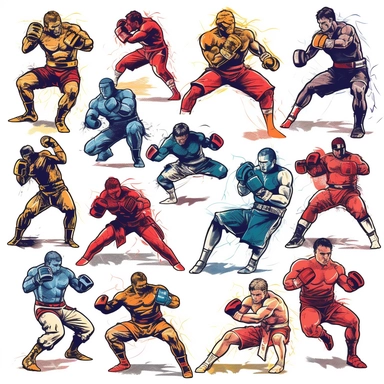 Design a clipart set that depicts different UFC fighters in action, engaging in different fighting styles such as Boxing, Muay Thai, Brazilian Jiu-Jitsu, and Wrestling. Add images of fighters executing techniques such as punches, kicks, headlocks, takedowns, and submissions. Also, include images of various fighting gear and equipment, such as gloves, shin guards, and mouthguards.