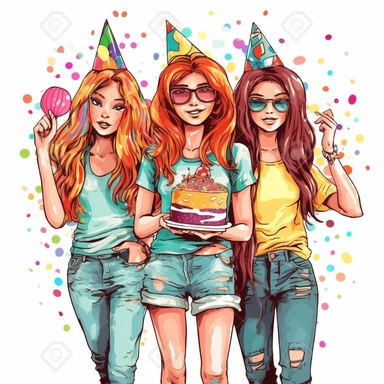 clipart of cool teenager girls birthday party white background