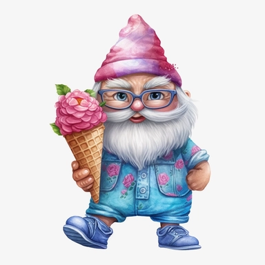 gnome summer smile and cute big eyes wear big glasses full body , eat ice cream summer , cute funny laugh detailed digital art, whimsical and cute, cute detailed artwork, glimmering, adorable and whimsical, whimsical art, watercolor Clipart style