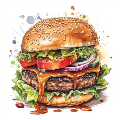 jamy tasty cheeseburger with double meat, tomato slice, lettuce and onion in brioche with sesame, white backgroung watercolor painting, mixed media, isolated, Extremely detailed, white backgroud, clipart