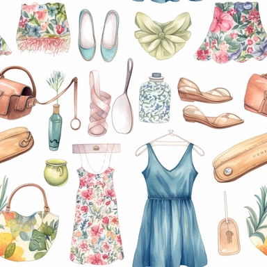 clipart 6 summer dress gadgets - Clothes hanger with a summer dress design Summer dress-shaped keychain Summer dress patterned phone case Summer dress-inspired tote bag Summer dress-shaped compact mirror Summer dress print water bottle - soft watercolor