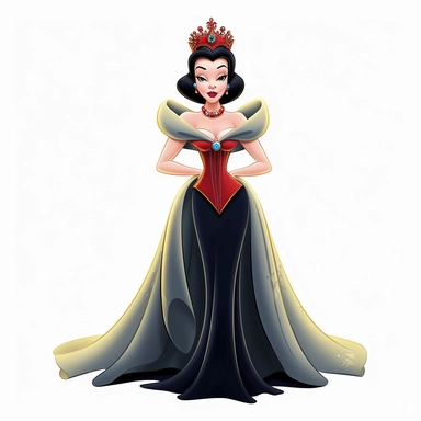 FULL-BODY PERSPECTIVE OF A 2D DISNEY CLIPART ILLUSTRATION OF A BEAUTIFUL AND BENEVOLENT QUEEN, WHITE BACKGROUND, STYLE OF DISNEY'S 1937 MOVIE SNOW WHITE, WHITE BACKGROUND