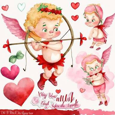 Cute Valentines Day Love Cupid Clipart, Watercolor