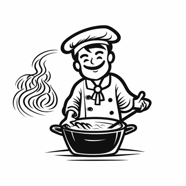 A clip art of a noodle chef, chef, line style, clean lines, stick figure, monochrome