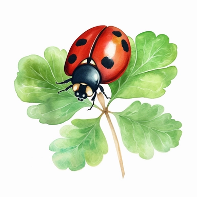 Create a charming clipart illustration suitable for a watercolor, featuring a friendly ladybug strolling on a four-leaf clover, set against a clean white background. Emphasize the whimsical nature of the scene by giving the ladybug endearing features and using bright, bold colors. Incorporate simplistic shapes and clean lines to capture the essence of a illustration, while maintaining the visually appealing style of clipart. The white backdrop adds a fresh and modern touch to the design