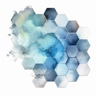 watercolor style, hexagon hive grid, semi-transparent splash in very faded dusty blue hues, etheral, very light, barely visible colors, almost transparent, clipart isolated on white background, 4K