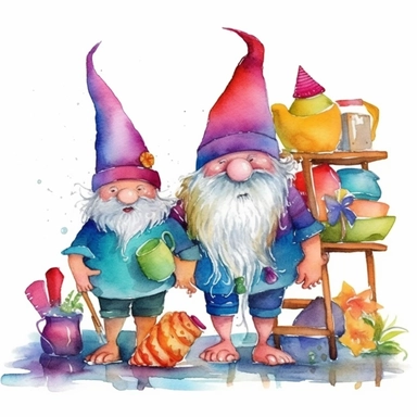 Watercolor painting clipart of Mexican gnomes ready for the beach, with flip flops, beach balls, margaritas, sunshine, towels, sunglasses strong colors