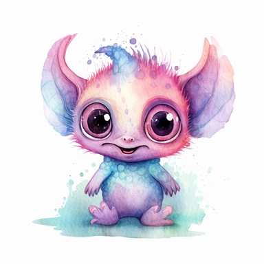watercolour illustration, cute baby monster, big eyes, smiling, pastel, pale colourful, aquarrellist, clipart, isolated, white background,