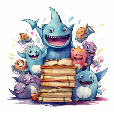 a page border of goofy, super adorable, cute, watercolour sharks, holding a school book that says Monsters at Schoop Clipart on it, pencil and art things, fluffy, big eyed, vibrant, smiling, on a pure white background in PNG format