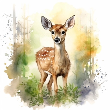 Watercolour cute realistic deer in the wood, woodland animal, ultra detailed ultra photoreal intricate detailed beautiful magnificent deer with perfect beautiful realistic eyes and intricate facial features four perfect legs and paws realistic detailed, png image, high definition, 300dpi, graphic clipart, computer graphics