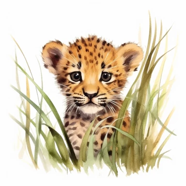 cute leopard cub, peering out from behind tall grass, ready to embark on an adventure, bold colors, clipart, on a white background