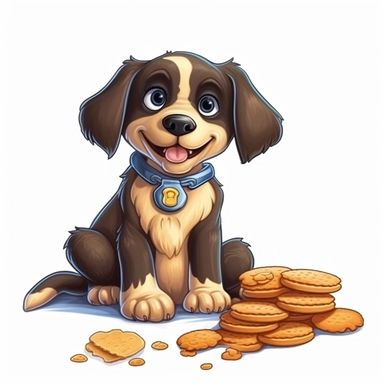 Cartoon black dog with cookies clipart, high detail, illustration style, high solution, on the white background